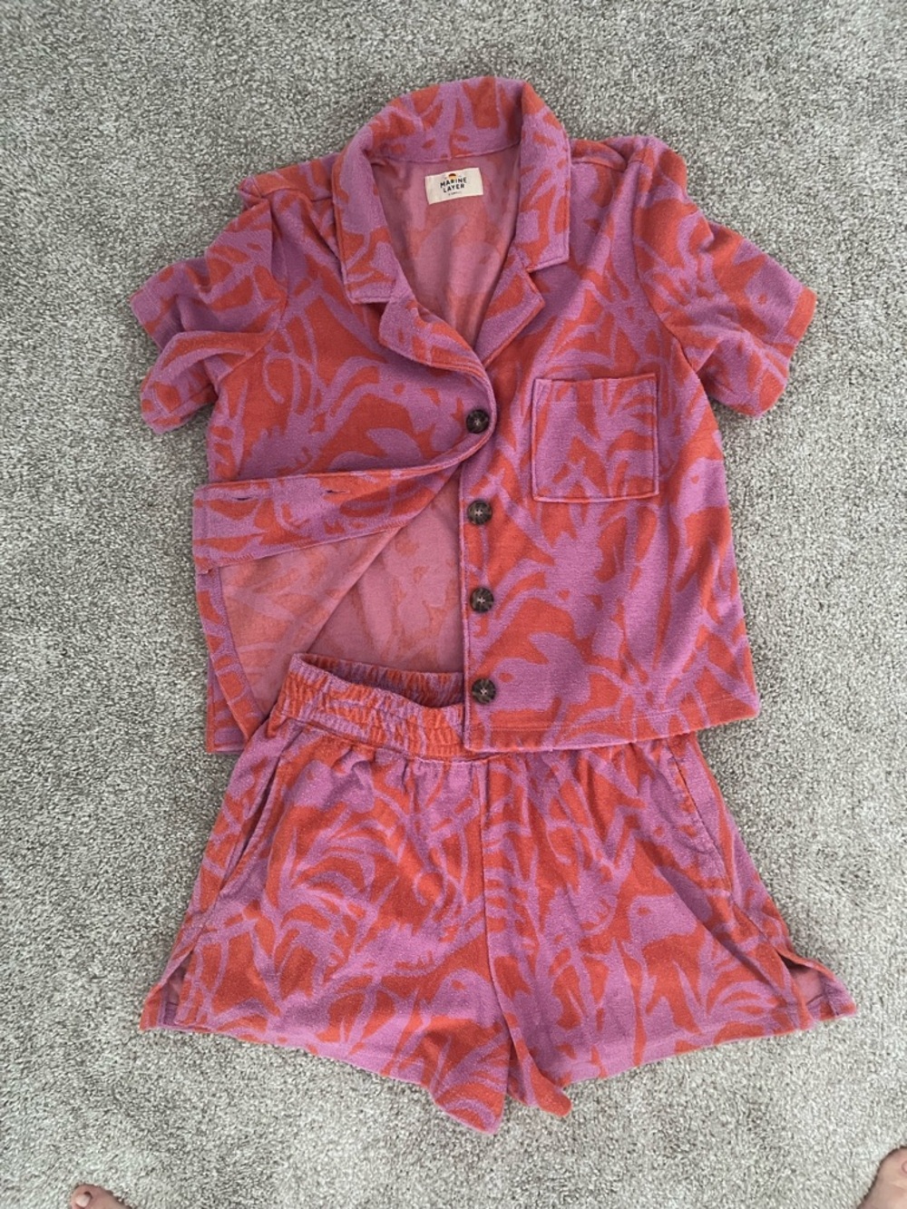 Marine Layer Pink and Orange terry cloth Set Shorts+Short Sleeve Button-Down Top